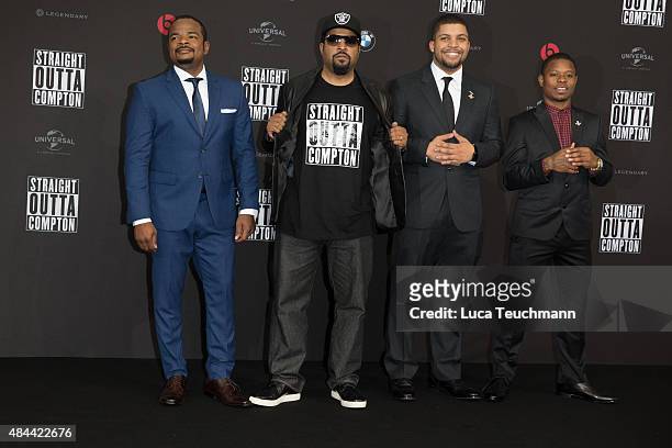 Gary Gray, Ice Cube, O'Shea Jackson Jr. And Jason Mitchell attend the 'Straight Outta Compton' European premiere at CineStar on August 18, 2015 in...