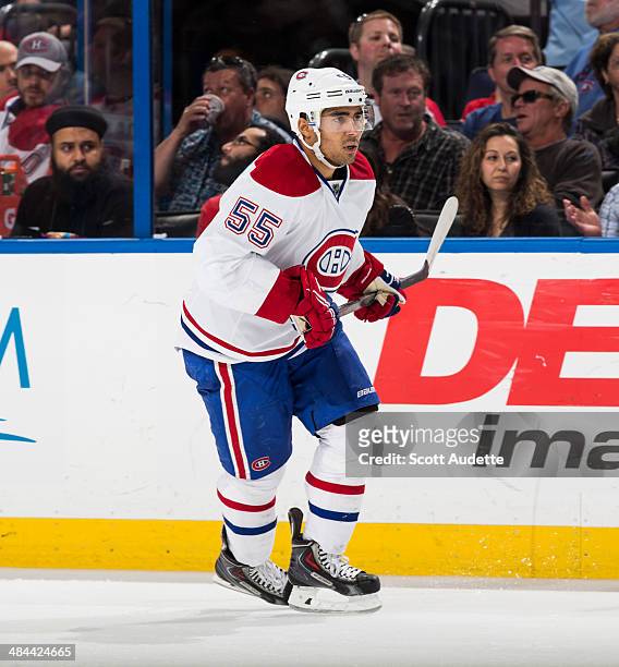 Francis Bouillon of the Montreal Canadiens skates against the Tampa Bay Lightning at the Tampa Bay Times Forum on April 1, 2014 in Tampa, Florida.