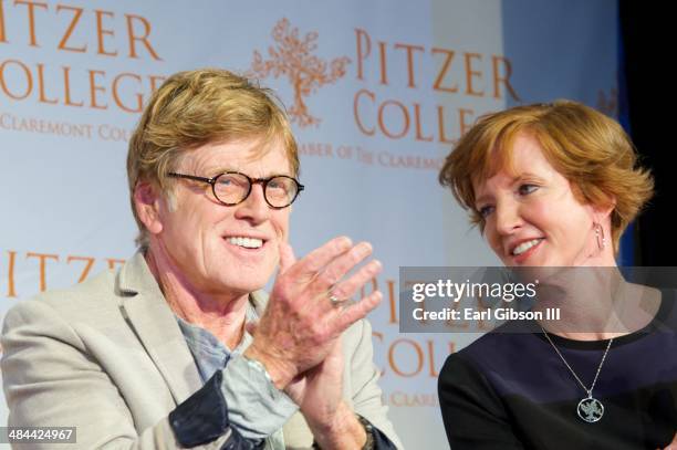 Actor Robert Redford and Laura Skandera Trombley attend the announcement for Fossil Fuel Divestment-Climate Action Model at Los Angeles Press Club on...