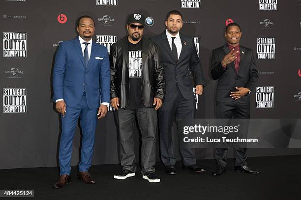 Gary Gray, Ice Cube, O'Shea Jackson Jr. And Jason Mitchell attends the 'Straight Outta Compton' European premiere at CineStar on August 18, 2015 in...