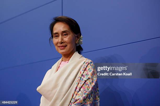 Myanmar pro-democracy leader Aung San Suu Kyi attends a press conference on April 12, 2014 in Berlin, Germany. Myanmar's opposition leader and Nobel...