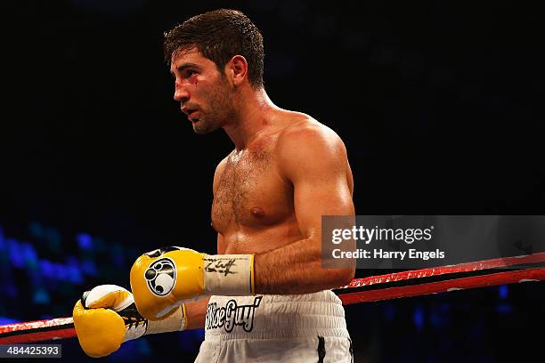 Frank Buglioni looks on after being defeated by Sergey Khomitsky during their WBO European Super-Middleweight Championship bout at The Copper Box on...