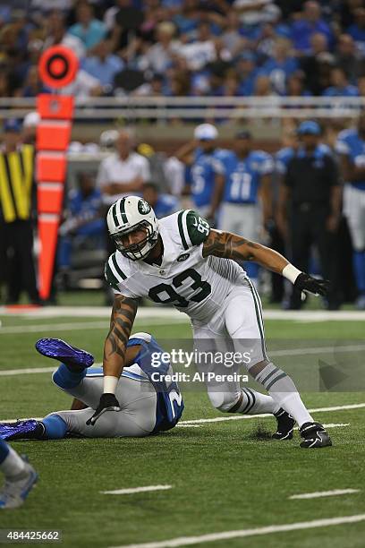 Linebacker Jason Babin of the New York Jets rushes during the game against the Detroit Lions at Ford Field on August 13, 2015 in Detroit, Michigan.