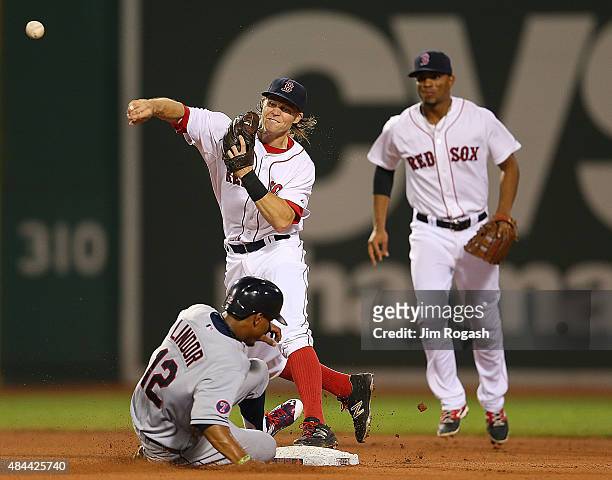 Brock Holt of the Boston Red Sox attempts a double play as Francisco Lindor of the Cleveland Indians slides late in to second base in the fourth...