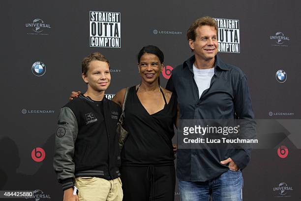 Thomas Heinze; Jackie Brown and Sam Brown attend the 'Straight Outta Compton' European premiere at CineStar on August 18, 2015 in Berlin, Germany.
