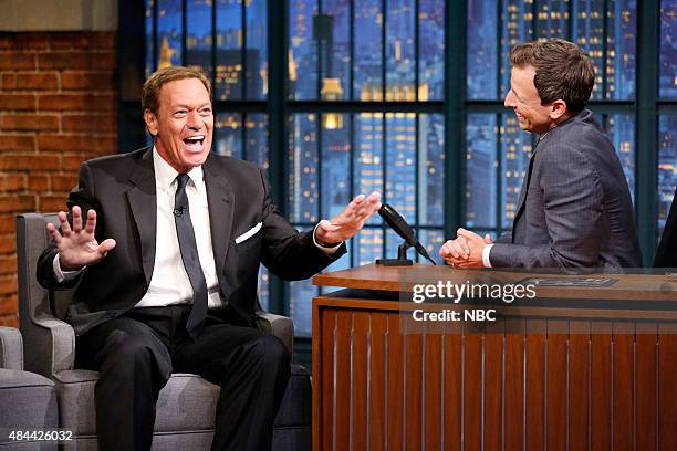 Episode 249 -- Pictured: Comedian Joe Piscopo during an interview with host Seth Meyers on August 18, 2015 --