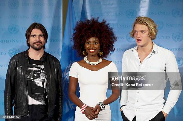 Singers Juanes, Inna Modja and Cody Simpson attend the commemoration of 2015 World Humanitarian Day at the U.N. Headquarters on August 18, 2015 in...