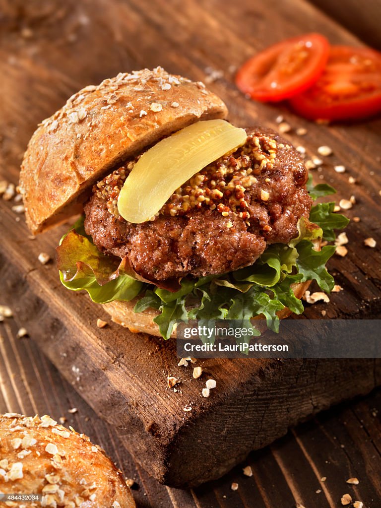 Hamburger With Micro Greens and Grainy Mustard