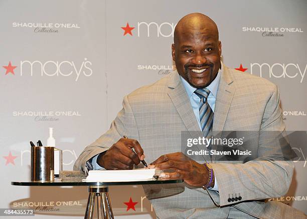 Former basketball great and TV personality, Shaquille O'Neal celebrates the launch of the "Shaquille O'Neal" collection at Macy's Herald Square on...