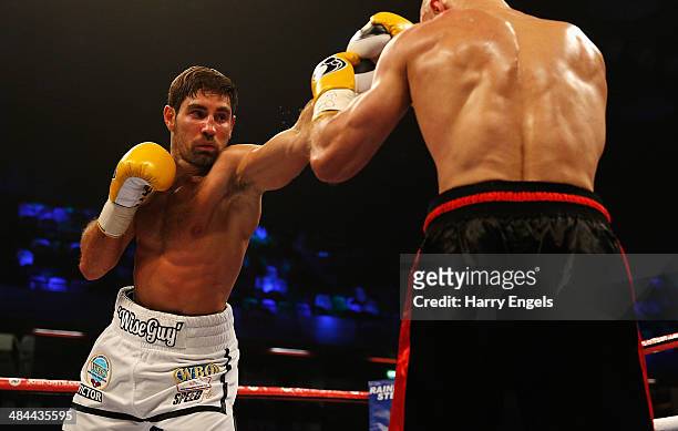 Frank Buglioni and Sergey Khomitsky in action during their WBO European Super-Middleweight Championship bout at The Copper Box on April 12, 2014 in...