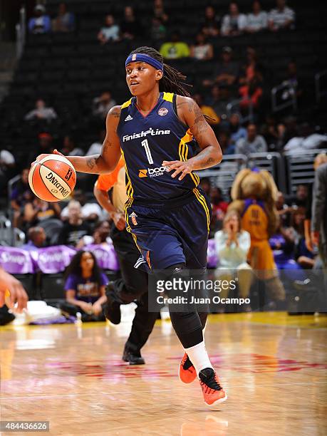 Shavonte Zellous of the Indiana Fever handles the ball against the Los Angeles Sparks on August 18, 2015 at STAPLES Center in Los Angeles,...