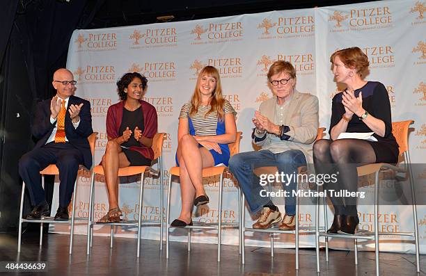 Pitzer College Trustee Donald Gould, professor/author Brinda Sarathy, student Jess Grady-Benson, actor and Pitzer College Trustee Robert Redford and...