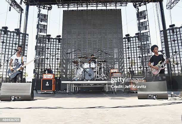 Musicians Alec Atkins, Jarad Dawkins and Malcolm Brickhouse of Unlocking the Truth perform onstage during day 2 of the 2014 Coachella Valley Music &...