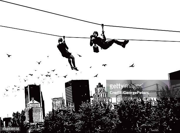 zip lining above the city with flock of birds - zip stock illustrations