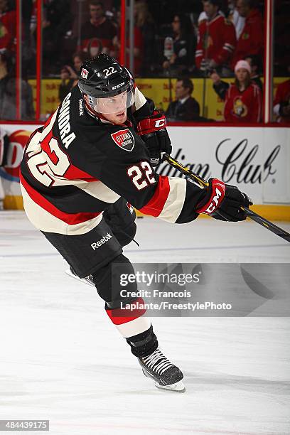 Erik Condra of the Ottawa Senators fires a shot during warmup prior to the game against the Chicago Blackhawks at Canadian Tire Centre on March 28,...