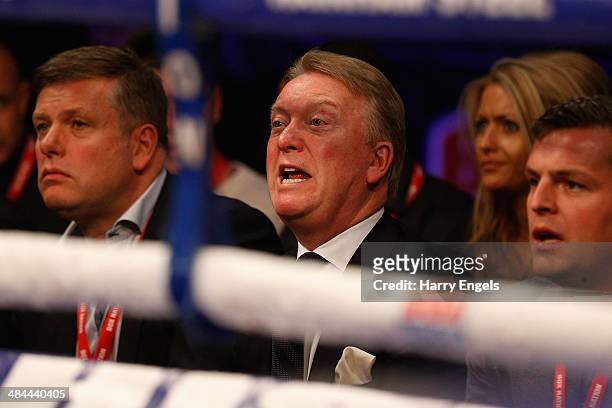 Boxing promoter Frank Warren reacts as Frank Buglioni is defeated by Sergey Khomitsky during their WBO European Super-Middleweight Championship bout...