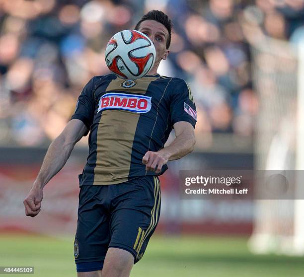 Forward Sebastien Le Toux of the Philadelphia Union plays the ball off his chest against Real Salt Lake on April 12, 2014 at PPL Park in Chester,...