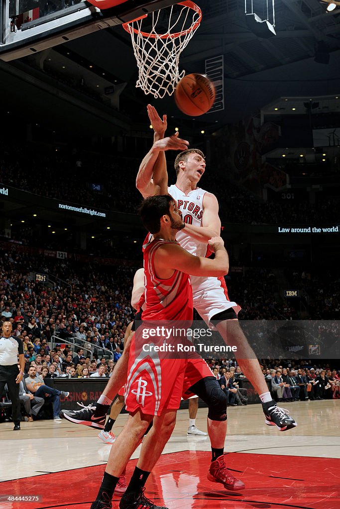 Houston Rockets Toronto Raptors Tyler Hansbrough of the Toronto Raptors passes the ball against the ...