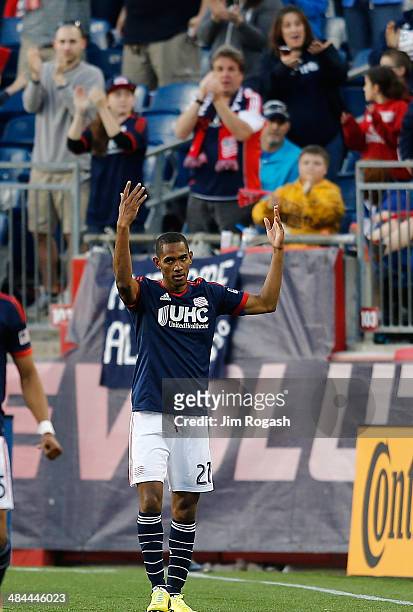 Jerry Bengtson of the New England Revolution celebrates his goal against the Houston Dynamo in the 2nd half at Gillette Stadium on April 12, 2014 in...