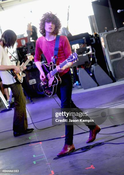 Musician James Bagshaw of Temples performs onstage during day 2 of the 2014 Coachella Valley Music & Arts Festival at the Empire Polo Club on April...