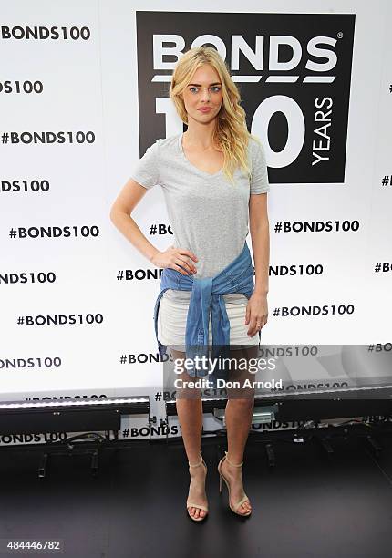 Samara Weaving poses during Bonds 100th birthday celebration event at Cafe Sydney on August 19, 2015 in Sydney, Australia.