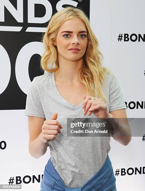 Samara Weaving poses during Bonds 100th birthday celebration event at Cafe Sydney on August 19, 2015 in Sydney, Australia.