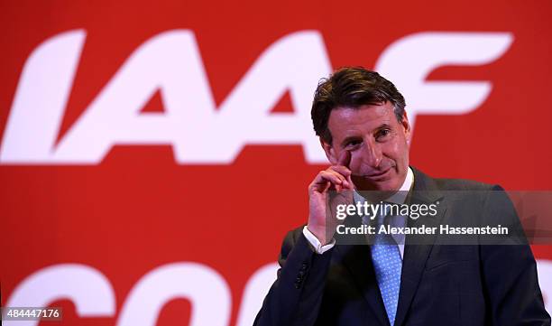 Lord Sebastian Coe reacts after being elected as the new IAAF President during the 50th IAAF Congress at the China National Convention Centre, CNCC...