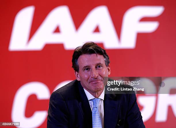 Lord Sebastian Coe reacts after being elected as the new IAAF President during the 50th IAAF Congress at the China National Convention Centre, CNCC...