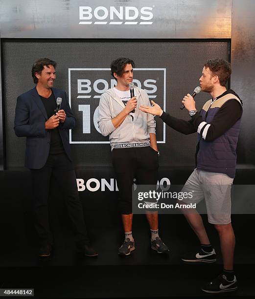 Pat Rafter, Andy Lee and Hamish Blake address guests during Bonds 100th birthday celebration event at Cafe Sydney on August 19, 2015 in Sydney,...