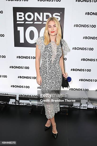 Carissa Walford poses during Bonds 100th birthday celebration event at Cafe Sydney on August 19, 2015 in Sydney, Australia.