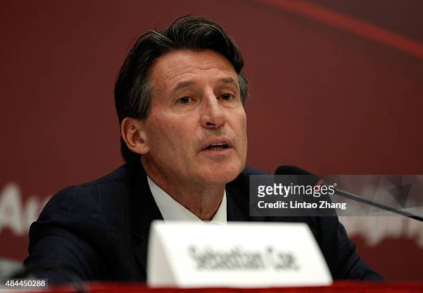Newly elected IAAF President Lord Sebastian Coe answers questions from the media during a press conference at the 50th IAAF Congress at the China...