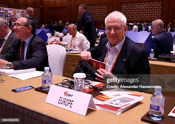 Svein Arne Hansen, President of the European Athletics Association EAA takes his place during the 50th IAAF Congress at the China National Convention...