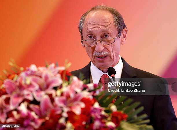 Valentin Balakhnichev, IAAF Tresurer addresses the delegares during the 50th IAAF Congress at the China National Convention Centre, CNCC on August...