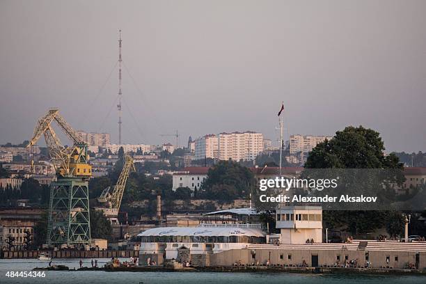 View of the Bay of Sevastopol on August 13, 2015 in Sevastopol, Crimea. Russian President Vladimir Putin signed a bill in March 2014 to annexe the...