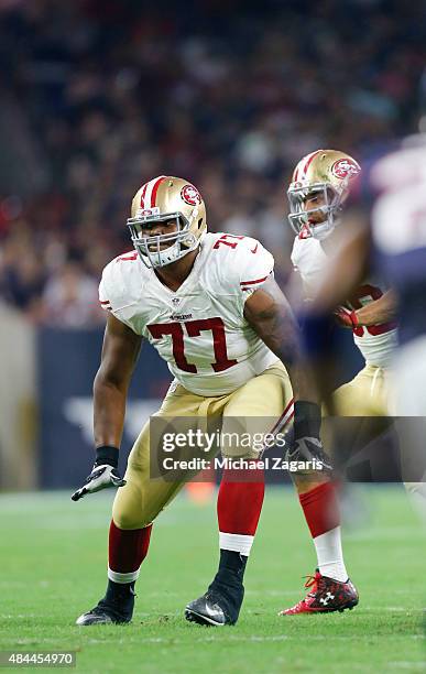 Trent Brown of the San Francisco 49ers blocks during the game against the Houston Texans at NRG Stadium on August 15, 2015 in Houston, Texas. The...