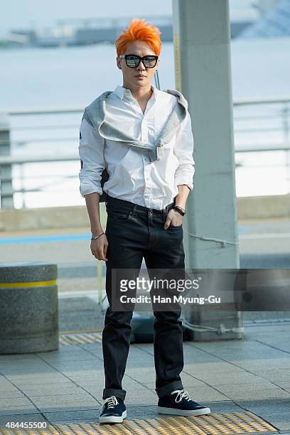Kim Jun-Su of South Korean boy band JYJ is seen on departure at the Incheon International Airport on August 18, 2015 in Incheon, South Korea.