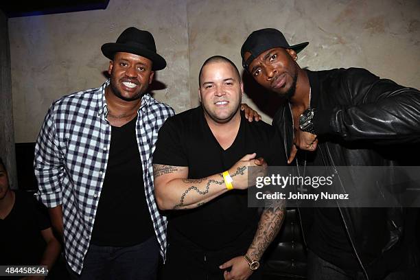Producer Kenny Hamilton, music executive Johnny Marines, and actor Jay Pharoah attend the Punk'd! Private Celebrity Viewing Party at The Royal on...