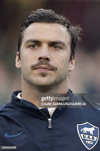 Argentina's Brazilian back Martin Landajo looks on during the national anthem prior to test rugby test match South Africa vs. Argentina on August 8,...