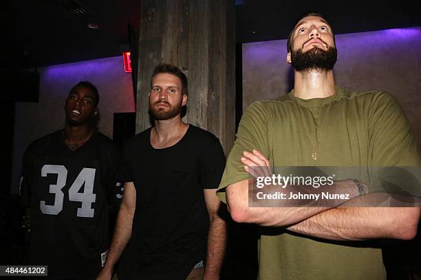 Professional basketball players Anthony Mason Jr., Shavlik Randolph, and Miles Plumlee attend the Punk'd! Private Celebrity Viewing Party at The...