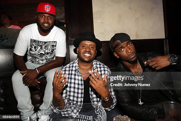 Steph Floss, producer Kenny Hamilton, and actor Jay Pharoah attend the Punk'd! Private Celebrity Viewing Party at The Royal on August 18 in New York...