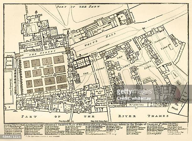 plan of the old royal palace of whitehall - 17th century london stock illustrations