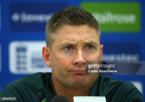 Michael Clarke of Australia speaks during his final pre match press confrence before a nets session ahead of the 5th Investec Ashes Test match...