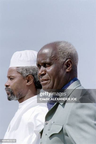 Chadian President Hissene Habre is welcomed by President of Zambia Kenneth Kaunda , on September 23, 1987 at Lusaka airport, Zambia, to attend the...