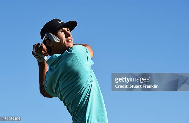 Thorbjorn Olesen of Denmark plays a shot during the Pro - Am prior to the start of the Made in Denmark golf at Himmerland Golf & Spa Resort on August...
