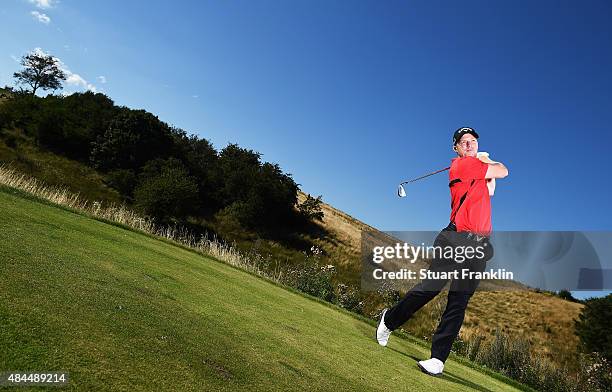 David Horsey of England plays a shot during the Pro - Am prior to the start of the Made in Denmark golf at Himmerland Golf & Spa Resort on August 19,...