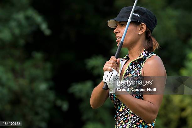 Salli Richardson watches her tee shot during the MegaFest Celebrity Golf Tournament at Cowboys Golf Club on August 19, 2015 in Grapevine, Texas.