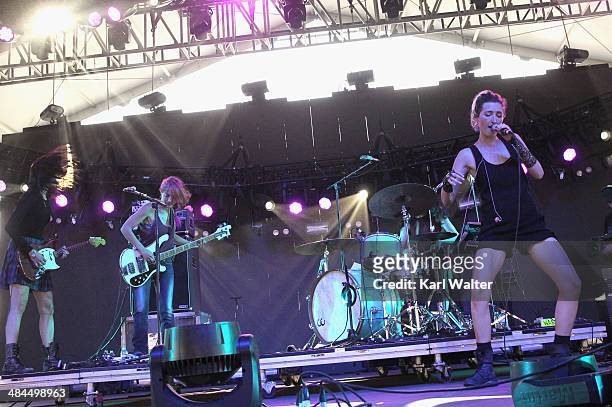 Warpaint performs onstage during day 2 of the 2014 Coachella Valley Music & Arts Festival at the Empire Polo Club on April 12, 2014 in Indio,...