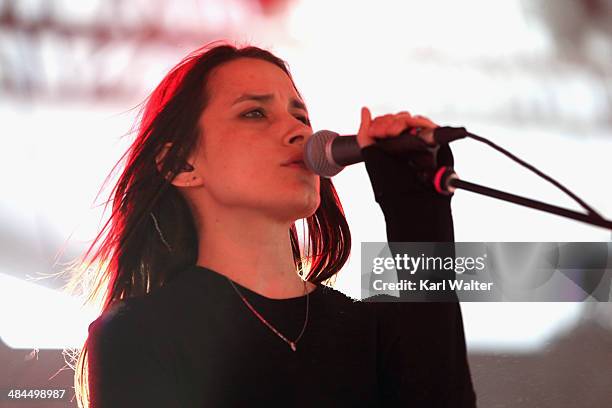 Musician Theresa Wayman of Warpaint performs onstage during day 2 of the 2014 Coachella Valley Music & Arts Festival at the Empire Polo Club on April...