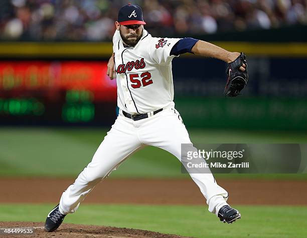 Pitcher Jordan Walden of the Atlanta Braves throws a pitch during the game against the Washington Nationals at Turner Field on April 12, 2014 in...