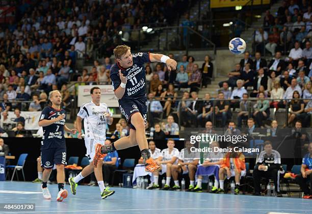 Lasse Svan of Flensburg-Handewitt in action during the Pixum Super Cup between THW Kiel and SG Flensburg Handewitt at Porsche-Arena on August 19,...